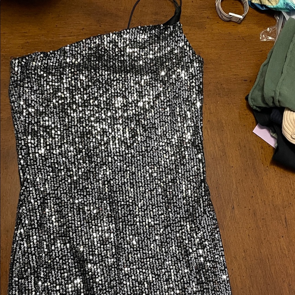 One Shoulder Sequin Dress - Black and Silver